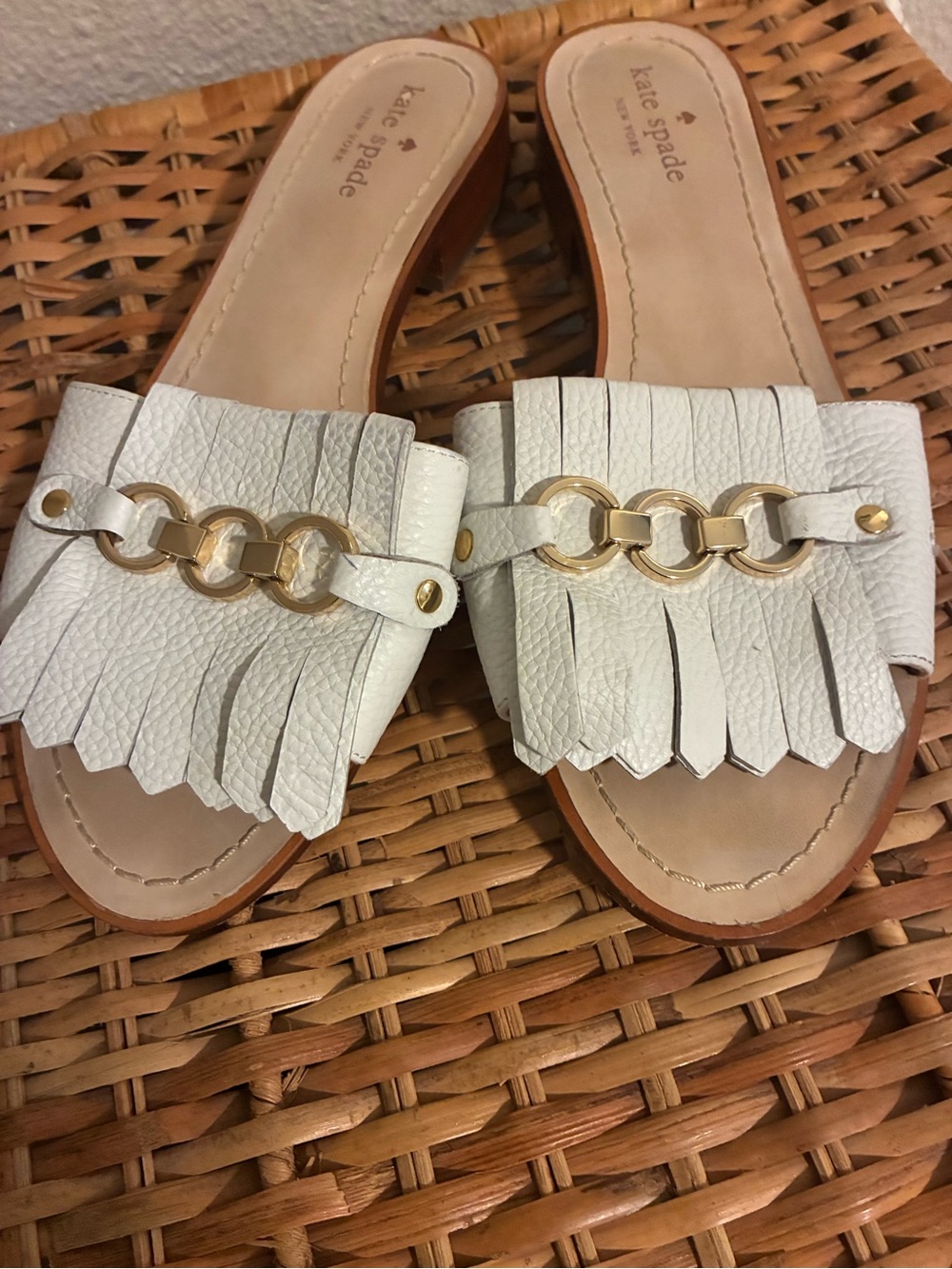 Kate Spade White Leather Fringe Slide Sandals with Gold Detail